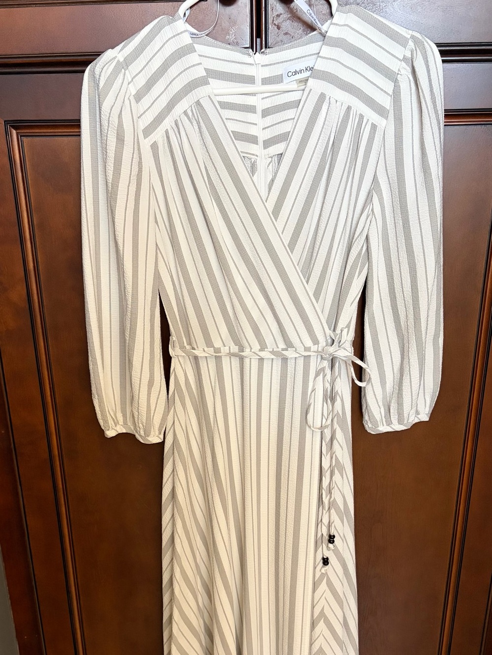 Calvin Klein Cream and Gray Striped Wrap Faux Maxi Dress